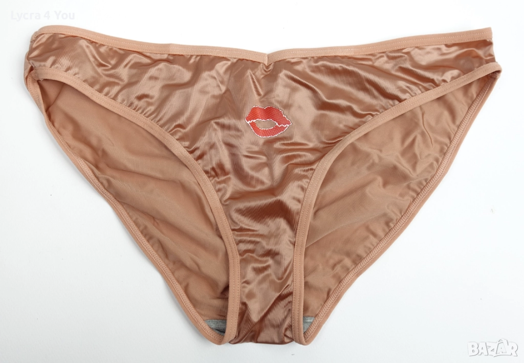 Лъскави бикини в цвят на старо злато и апликация 'целувка' отпред, снимка 1