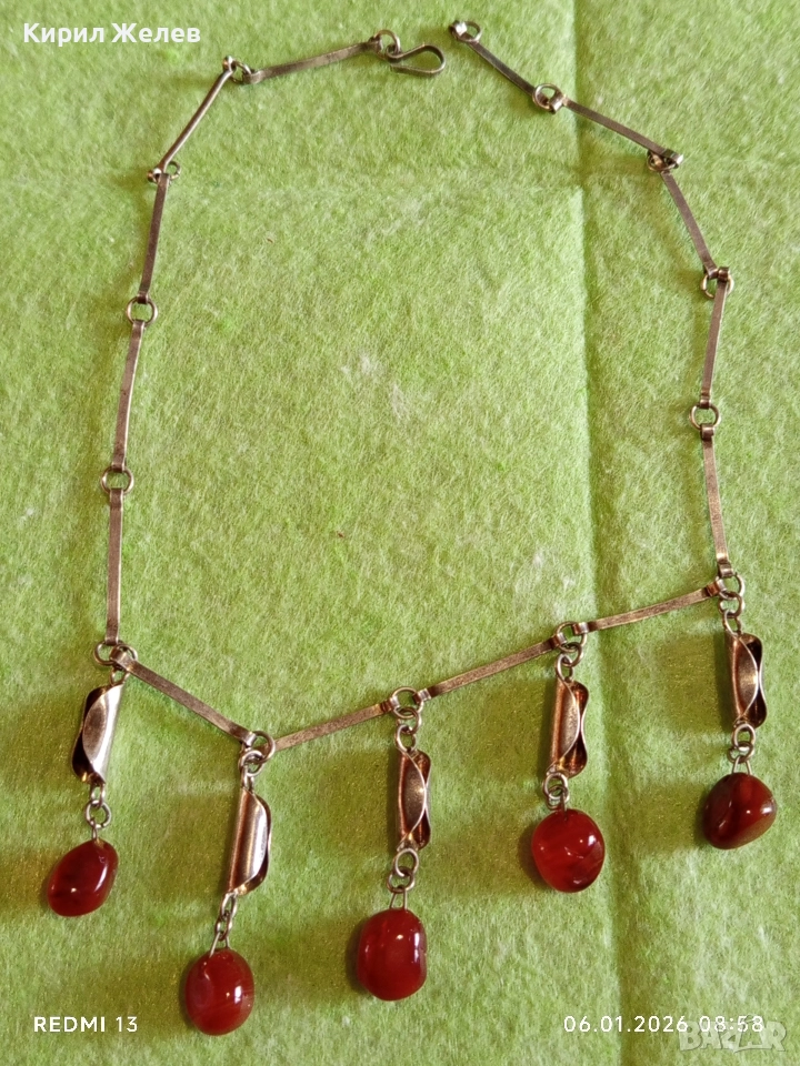 Качествено винтидж сребърно колие с КОРНЕОЛ ювелирна изработка 31343, снимка 1