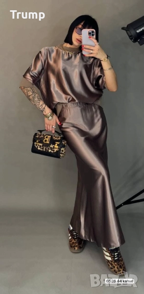 Луксозен сатенен  комплект от дълга пола и блуза, снимка 1