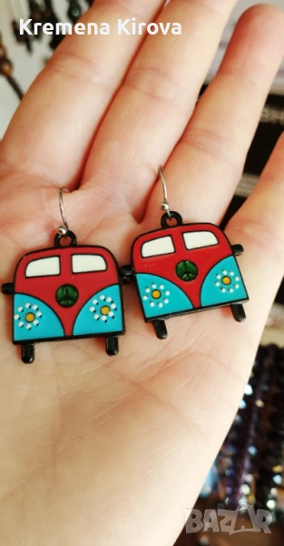 Обеци с Бус за приключения. С хипи знак. Бижута Луди гъби., снимка 1