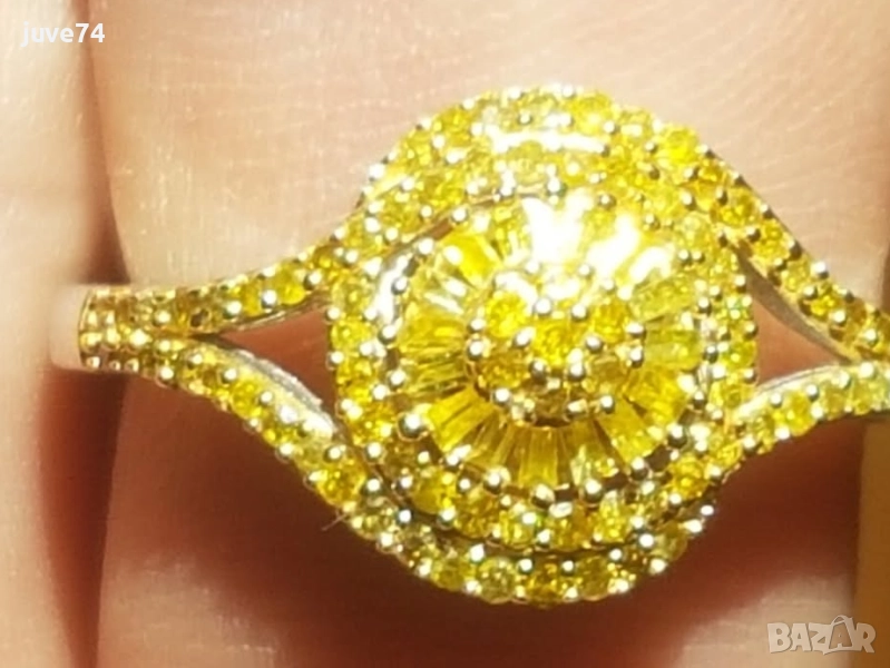 СРЕБЪРЕН ПРЪСТЕН С ЕСТЕСТВЕНИ ЖЪЛТИ ДИАМАНТИ СЕРТИФИКАТ, снимка 1