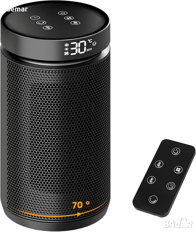 Електрически нагревател 1500W с вентилатор и термостат, защита от преобръщане и прегряване, черен, снимка 1