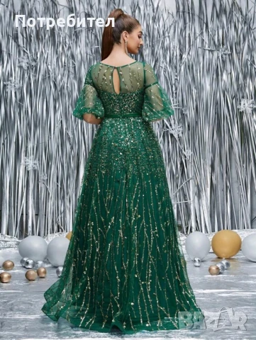 Тъмно зелена рокля със златисти пайети , снимка 2 - Рокли - 51409944