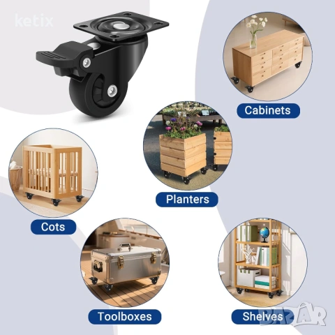 25 мм мебелни колелца със спирачка,комплект 8 броя, снимка 5 - Други стоки за дома - 53521465