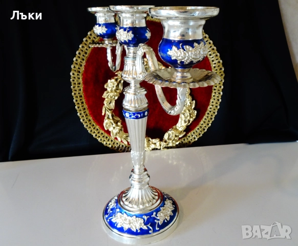 Посребрен троен свещник,рози,кобалт,рококо. , снимка 9 - Антикварни и старинни предмети - 52817267