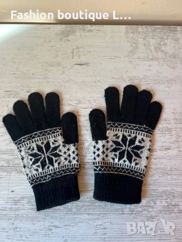 Дамски плетени черни ръкавици с бели снежинки 🖤🤍🖤🤍🖤