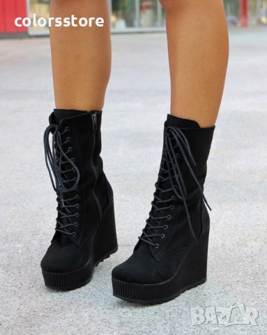 Боти на платформа - черен велур - TD33, снимка 3 - Дамски боти - 40610694