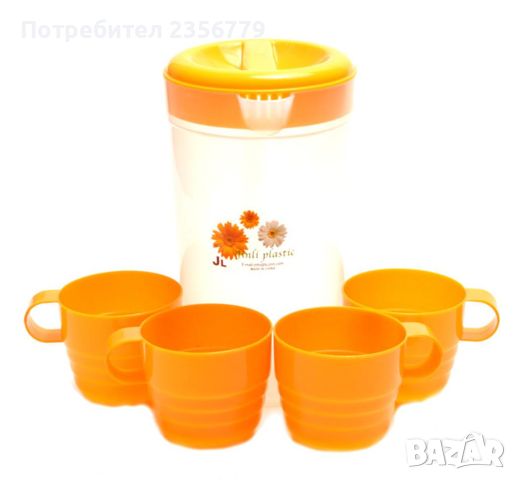 Комплект от 4 чаши с кана, декорирани с флорални мотиви, снимка 1 - Чаши - 46227173