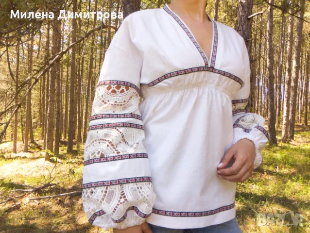 Памучна блуза с етно мотиви и брюкселска дантела , снимка 7 - Ризи - 49975755