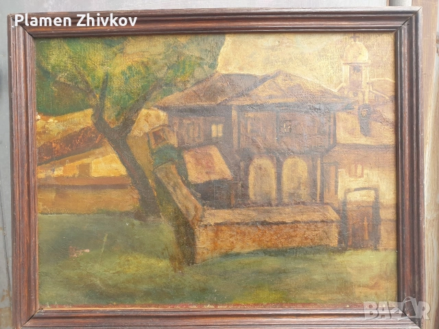 Маслен пеизаж на тема българският бит, снимка 2 - Антикварни и старинни предмети - 53900136