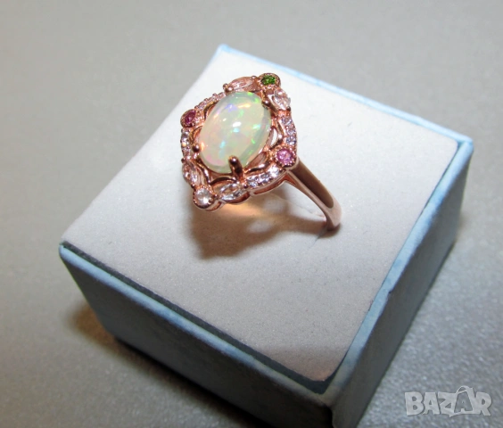 925 сребърен пръстен с розово злато и много красив цветен етиопски опал, снимка 2 - Пръстени - 54203915