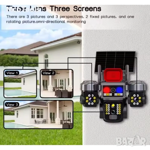 Соларна охранителна Wi-Fi камера с 3 обектива и аларма Sunvision – 16 MP, снимка 7 - Други - 53147003