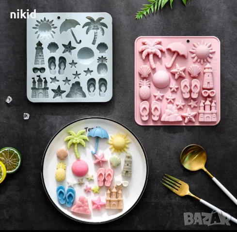 Лято Слънце плаж море джапанки чадър палма замък звезди силиконов молд форма фондан шоколад гипс, снимка 4 - Форми - 51380153