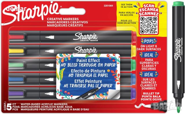 Sharpie Креативни маркери с акрилна боя, без разливане, на водна основа - 5 броя, снимка 1 - Ученически пособия, канцеларски материали - 45484289