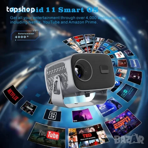 Android 11 проектор с 5G 2.4G Dual WiFi BT 1080P 8000 Лумена, 30 000 часа, 4K и твърд диск