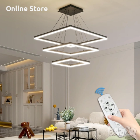 Модерен LED полилей 3-слоен квадрат – димируем, с дистанционно и регулируема височина, снимка 2 - Полилеи - 54176361