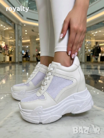 Кецове на платформа - бяла кожа с мрежа, снимка 3 - Кецове - 54120823