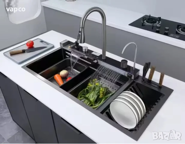 Мултифункционална кухненска мивка с двоен водопад и отделение за чинии и прибори, снимка 3 - Мивки - 50960545