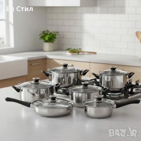 Комплект готварски съдове от инокс 12 части: 5 тенджери, тиган и стъклени капаци (16-24 см), снимка 2 - Прибори за хранене, готвене и сервиране - 53563536