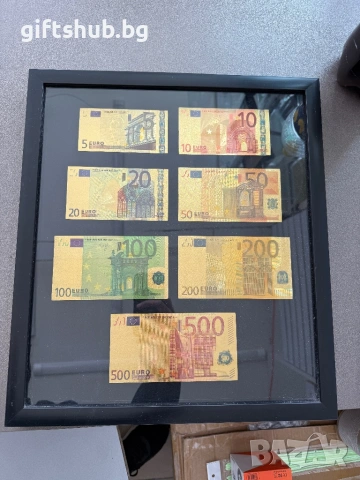 Златни евро банкноти в рамка