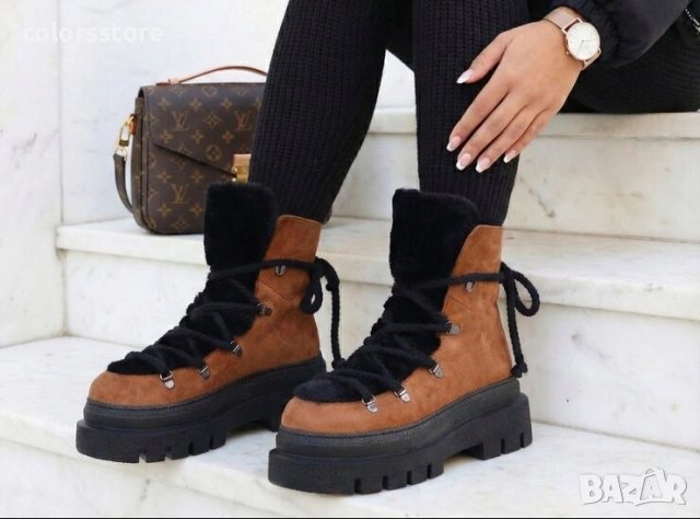 Боти на платформа - кафяво и черно велур - BPUH1


