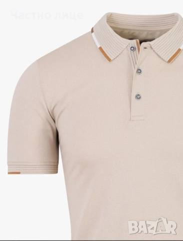 Бежова памучна тениска с яка, снимка 2 - Тениски - 53823746