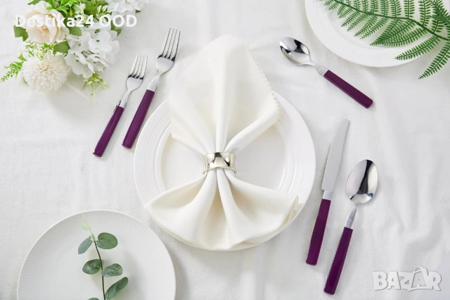 Комплект прибори от неръждаема стомана с лилави дръжки – 20 части, снимка 9 - Прибори за хранене, готвене и сервиране - 53442099