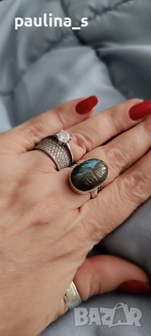 Два броя / Винтидж / Сребърен пръстен проба 925 с гравиран Лабрадорит и Празеолит , снимка 5 - Пръстени - 51996675