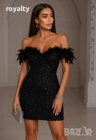 Къса парти рокля в черно от пайети с пера