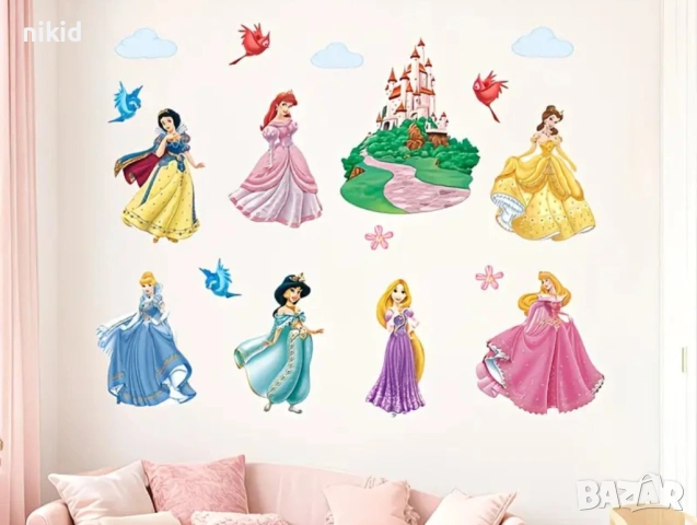 7 принцеси замък Снежанка Белл Пепеляшка Ариел Рапунцел Жасмин стикер лепенка стена мебел детска 
