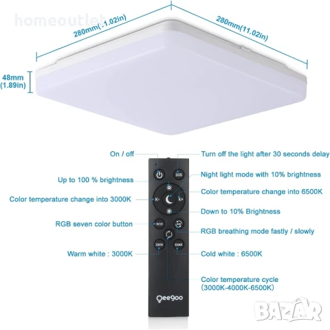 ПРОМОЦИЯ 24W RGB LED плафон с дистанционно и регулируема светлина OEEGOO LS-CL-C24W-DIM+RGB, снимка 4 - Лед осветление - 51139927