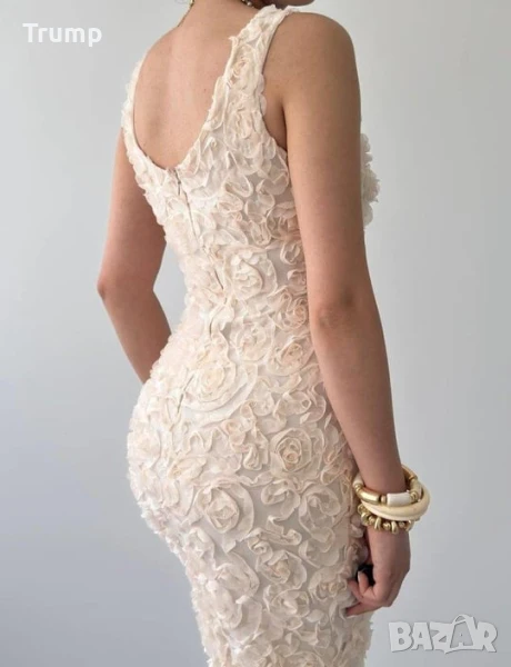 Елегантна дълга рокля,3D цветя, нежно екрю, снимка 1