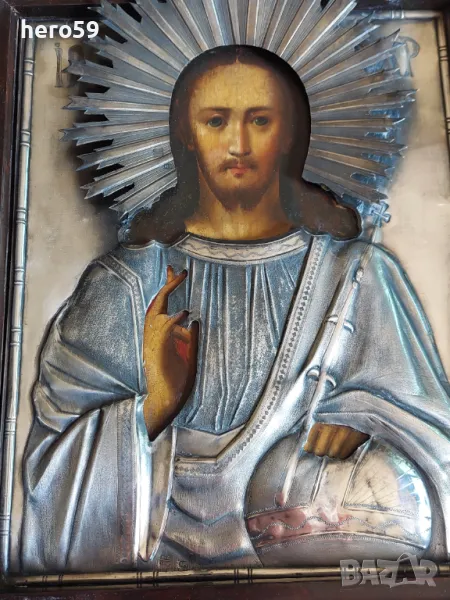 Царска Русия, голяма сребърна 84 икона на Исус 1853 год., снимка 1