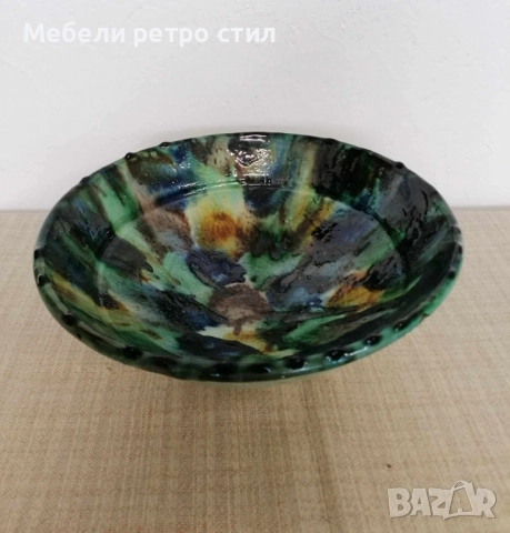 Ръчно изработена керамична купа, уникат с ефектна многоцветна глазура в зелено, синьо, жълто., снимка 7 - Декорация за дома - 52708611