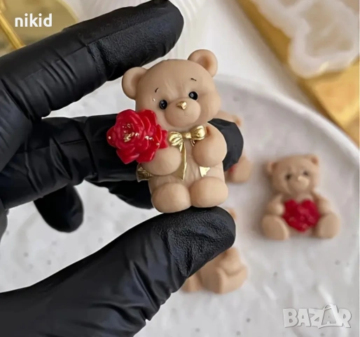 4 пози мече мечета сърце букет цветя силиконов молд форма фондан шоколад гипс смола бонбони декор, снимка 8 - Форми - 53741092