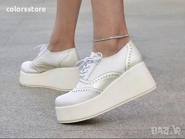 Обувки на платформа - бяла кожа - 450-L , снимка 2 - Дамски ежедневни обувки - 46292736