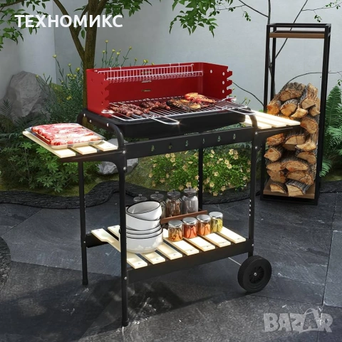 Скара на дървени въглища, 4 степени на височина, с колела+ прибори