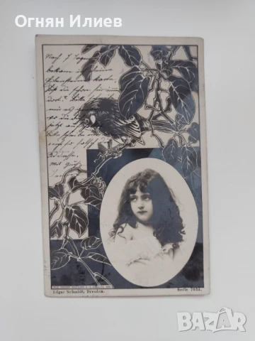 Стара литографирана, пощенска картичка с момиче и птица, 1902г.