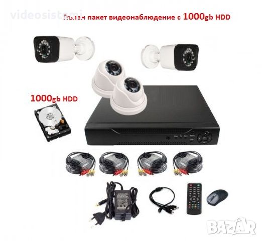 Пълно видеонаблюдение 1000gb HDD + Dvr + камери 3мр 720р + кабели
