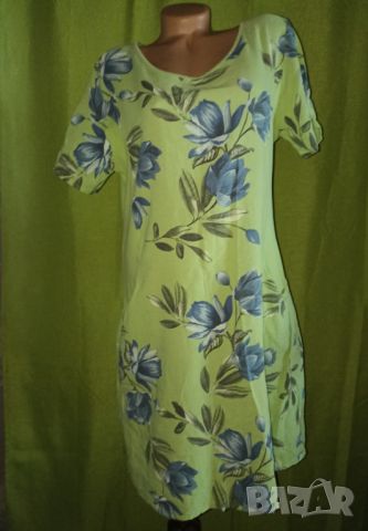 Италианска 100% памучна рокля в неоновозелено с цветя L, снимка 3 - Рокли - 46328916