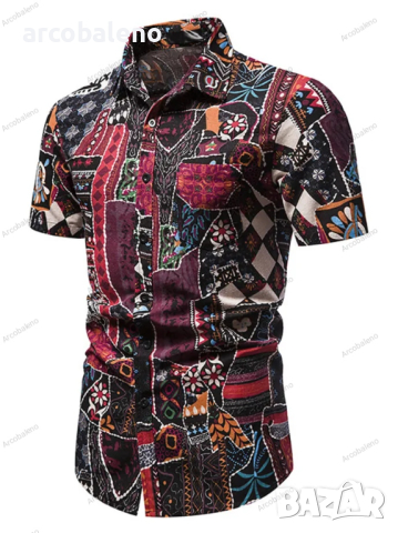 Мъжка лятна модна риза с щампи с къс ръкав, снимка 1 - Ризи - 45026513