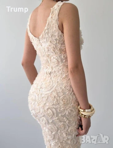 Елегантна дълга рокля,3D цветя, нежно екрю