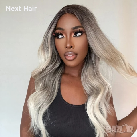 Омбре перука със средна дължина — тъмни корени и пепеляво светлоруси краища, чуплива текстура, снимка 5 - Аксесоари за коса - 52897865