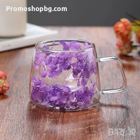 ПРОМОЦИЯ! Двустенна Стъклена чаша със сухи цветя, боросиликатно стъкло, 180 мл, снимка 4 - Чаши - 49090153