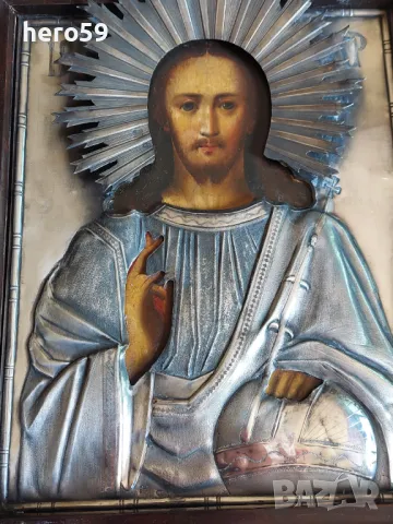 Царска Русия, голяма сребърна 84 икона на Исус 1853 год., снимка 1