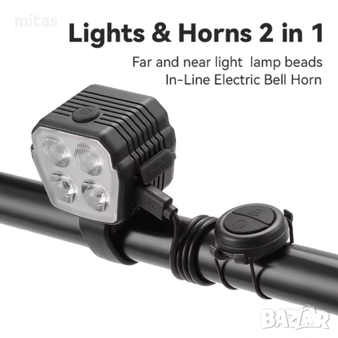 2 в 1 Предна LED светлина JOHORSE с вграден клаксон (300Lum / 120dB), снимка 6 - Аксесоари за велосипеди - 53731742