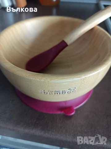 Бамбуков комплект купичка и чинийка с лъжици , снимка 5 - Прибори, съдове, шишета и биберони - 53404644