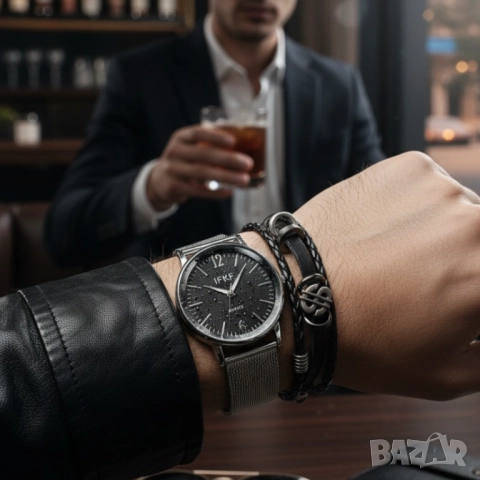 Мъжки комплект – кварцов часовник с метална верижка и стилна гривна в подаръчна кутия, снимка 7 - Бижутерийни комплекти - 51947406