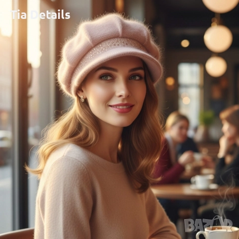 Дамска зимна плетена шапка с козирка и декоративни камъчета , снимка 2 - Шапки - 52997049