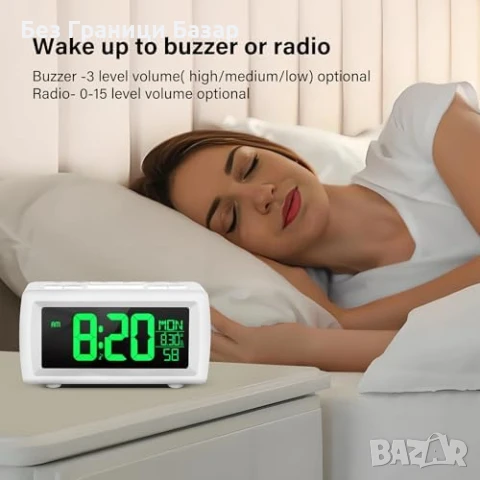 Нов Дигитален Радио Часовник с Аларма, Голям Дисплей, 7 Цвята, Ярък LED Екран, снимка 5 - Друга електроника - 50467768